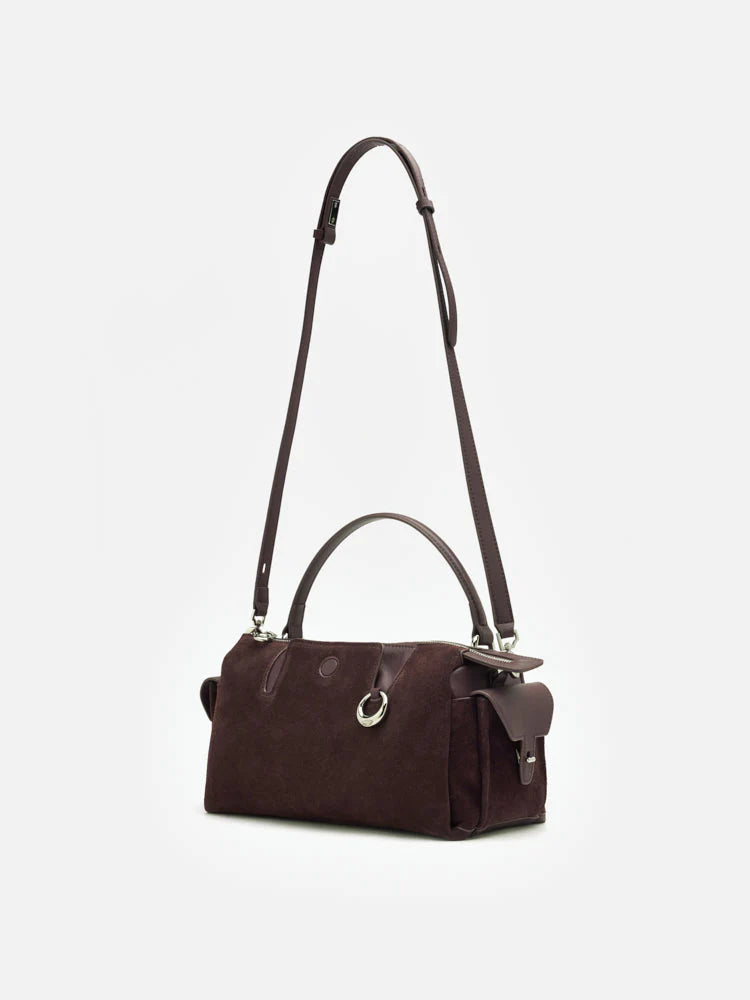 PAZZION, Sevila Suede Leather Satchel, Darkbrown