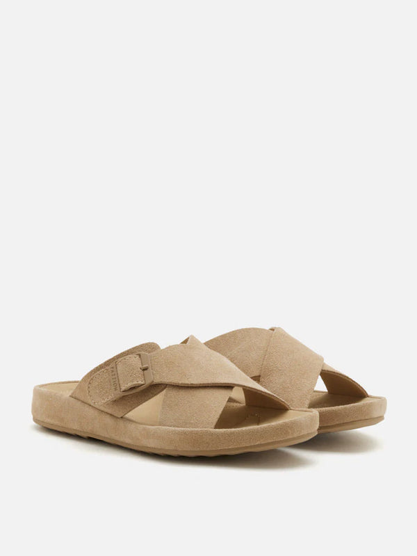 PAZZION, Vivi Criss Cross Suede Slides, Almond