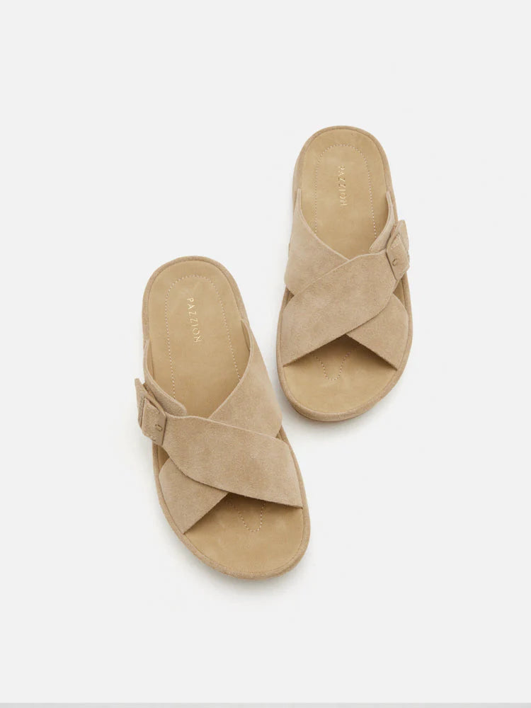 PAZZION, Vivi Criss Cross Suede Slides, Almond