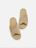 PAZZION, Vivi Criss Cross Suede Slides, Almond