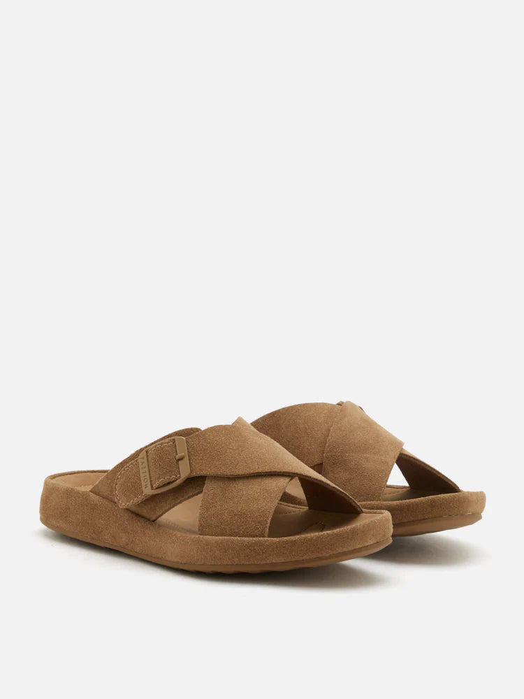 PAZZION, Vivi Criss Cross Suede Slides, Brown