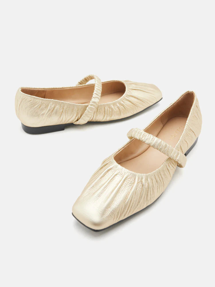 PAZZION, Vivianne Metallic Ruched Strap Flats, Gold