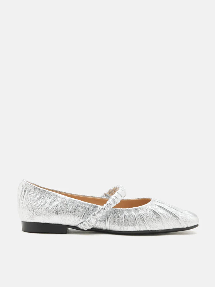 PAZZION, Vivianne Metallic Ruched Strap Flats, Silver