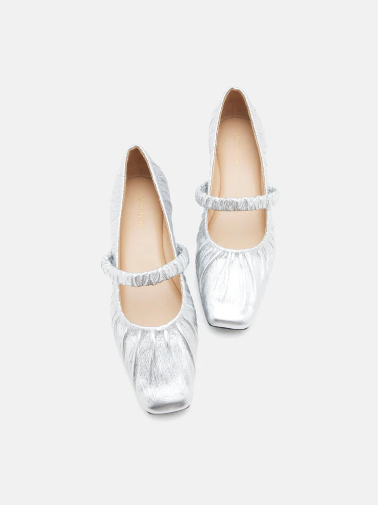 PAZZION, Vivianne Metallic Ruched Strap Flats, Silver
