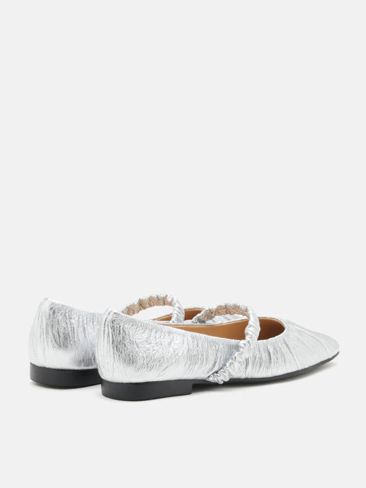 PAZZION, Vivianne Metallic Ruched Strap Flats, Silver