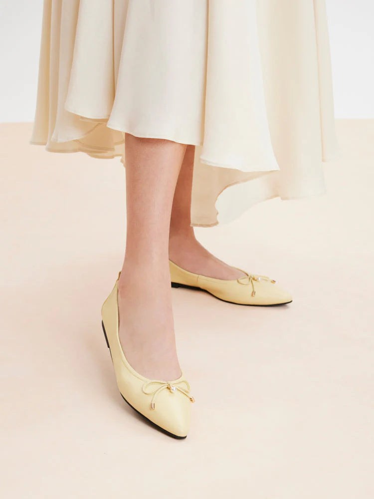 PAZZION, Yara Pearl Bow Pointed Toe Foldable Flats, Lightyellow