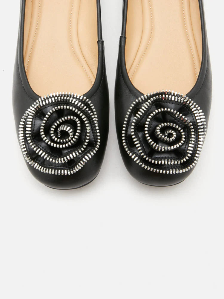PAZZION, Zosia Zipper Rose Ballet Flats, Black