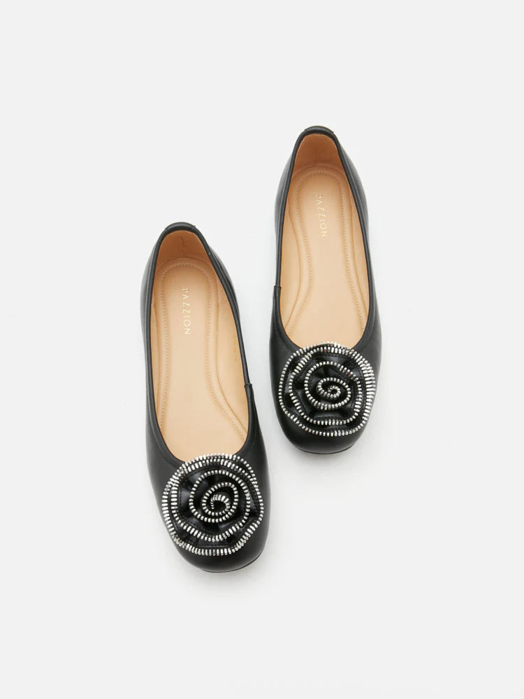 PAZZION, Zosia Zipper Rose Ballet Flats, Black