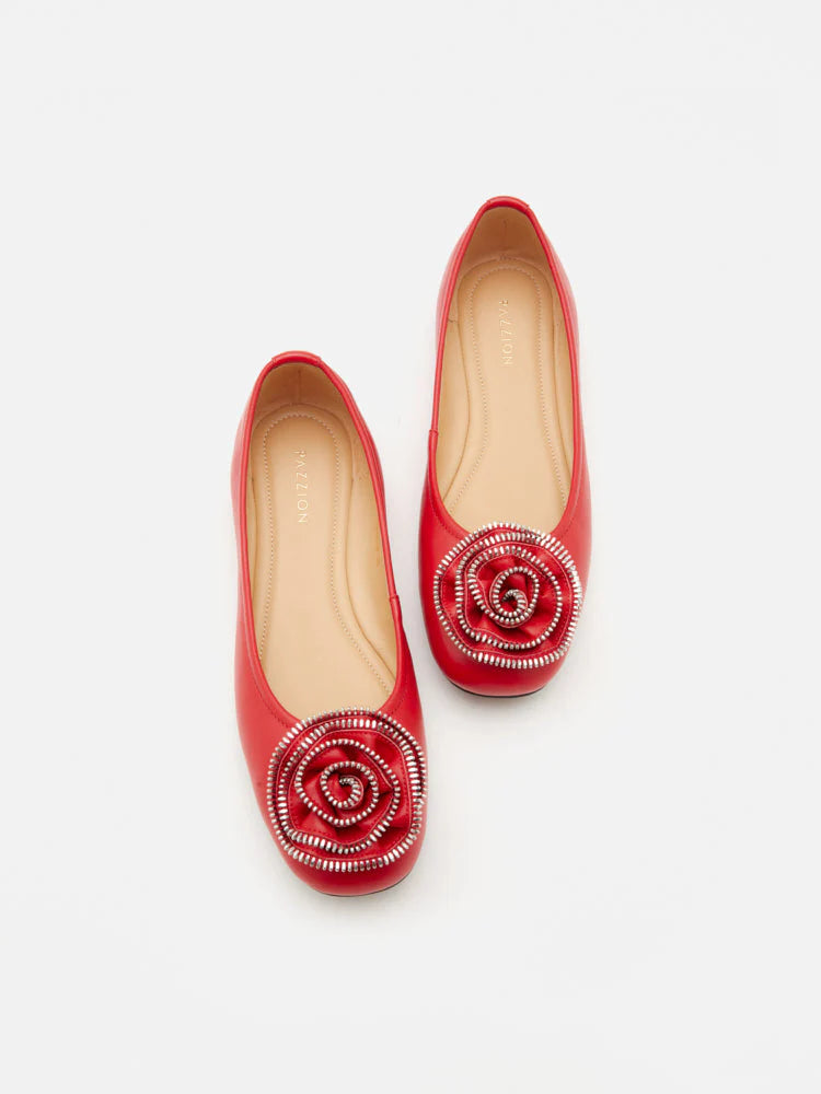 PAZZION, Zosia Zipper Rose Ballet Flats, Red