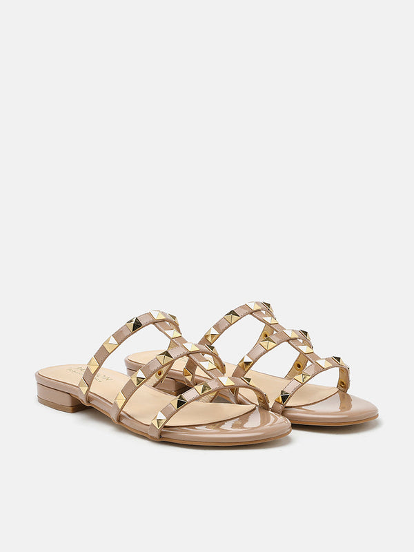 PAZZION, Ingrid Gold Studded Cage Patent Leather Slides, Nude
