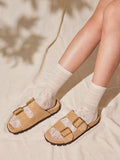 PAZZION, Alaia Buckled Suede Slides, Almond
