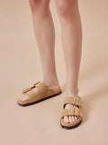 PAZZION, Alaia Buckled Suede Slides, Almond