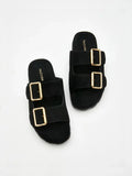 PAZZION, Alaia Buckled Suede Slides, Black