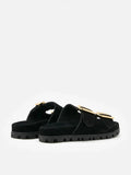 PAZZION, Alaia Buckled Suede Slides, Black