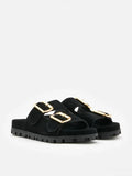 PAZZION, Alaia Buckled Suede Slides, Black
