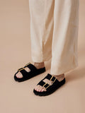 PAZZION, Alaia Buckled Suede Slides, Black