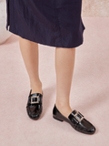 PAZZION, Calista Patent Leather Buckled Bow Loafers, Black