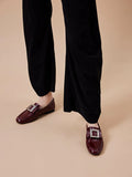 PAZZION, Calista Patent Leather Buckled Bow Loafers, Wine