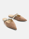 PAZZION, Camila Pearl and Crystal Embellished Strap Suede Mules, Almond