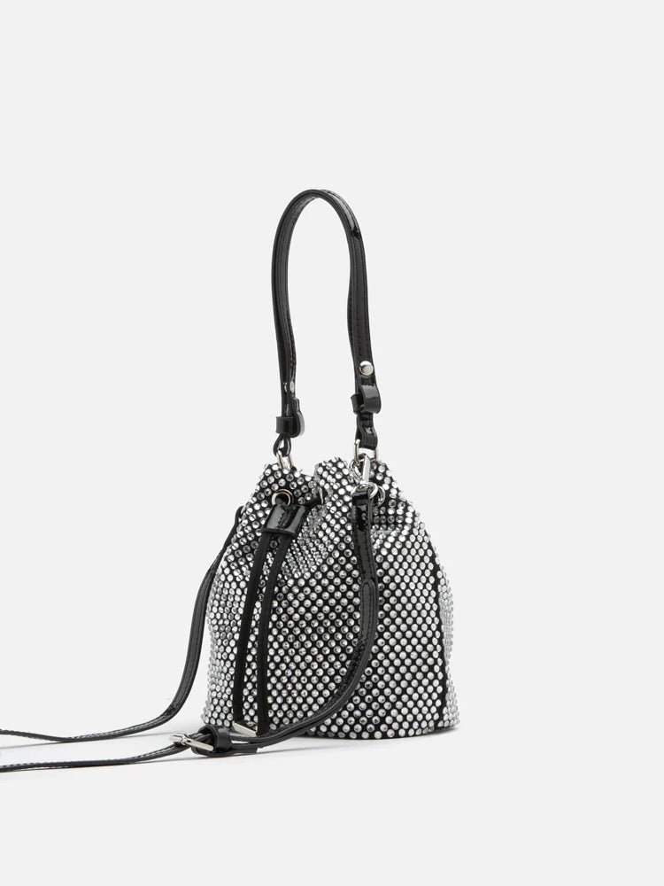 PAZZION, Cleo Diamante Drawstring Bucket Bag, Black