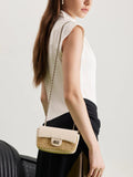 PAZZION, Fleur Raffia Leather Chained Crossbody Bag, Beige