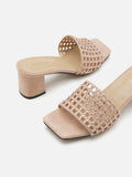 PAZZION, Iris Crystal Embellished Perforated Mule Heels, Almond