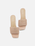 PAZZION, Iris Crystal Embellished Perforated Mule Heels, Almond