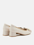 PAZZION, Leanna Leather Bow Low Block Heels, Almond