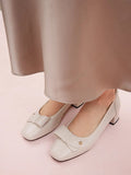 PAZZION, Lysandra Leather Bow Low Block Heels, Beige