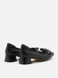 PAZZION, Lysandra Leather Bow Low Block Heels, Black