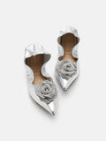 PAZZION, Marianna Crystal Embellished Rose Foldable Flats, Silver
