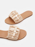 PAZZION, Maribel Ruched Satin Slide Sandals, Almond