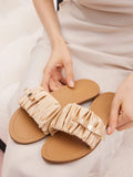 PAZZION, Maribel Ruched Satin Slide Sandals, Almond