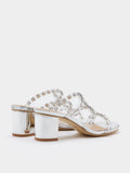 PAZZION, Miuccia Diamante Embellished Block Heel Sandals, Silver