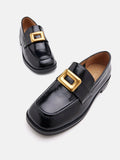 PAZZION, Nadine Gold Buckle Square Toe Loafers, Black