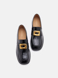 PAZZION, Nadine Gold Buckle Square Toe Loafers, Black