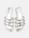 PAZZION, Ophi Metallic Studded Caged Slides, Silver