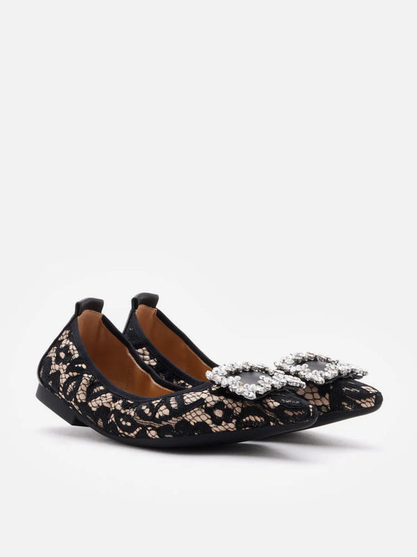 PAZZION, Stella Lace Diamante Buckle Foldable Flats, Almond