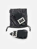 PAZZION, Stella Lace Diamante Buckle Foldable Flats, Pewter