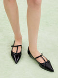 PAZZION, Stevie T-Bar Pointed Toe Bow Flats, Black