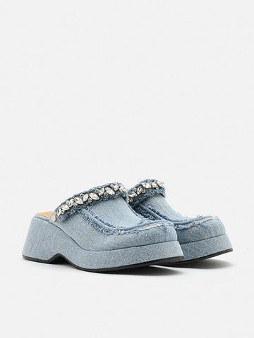 Tara Diamante Denim Platform Mules