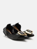 PAZZION, Vivienne Gold Buckled Pointed-Toe Flats, Black