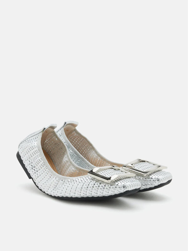PAZZION, Wren Buckle Woven Foldable Flats, Silver