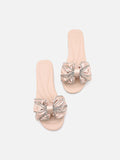 PAZZION, Suchin Crystal Embellished Bow Silk Slides, Almond